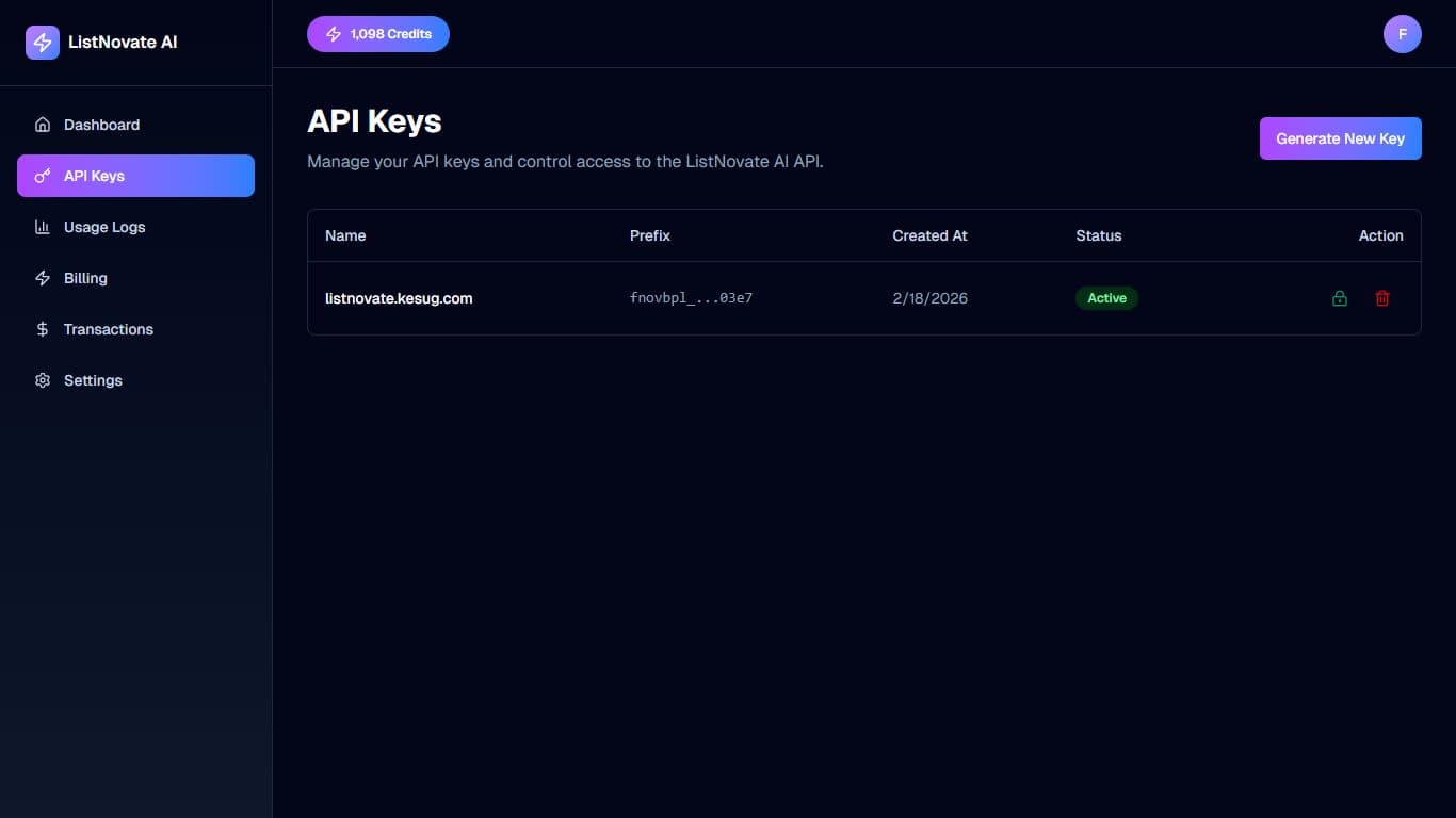 ListNovate API Key Management